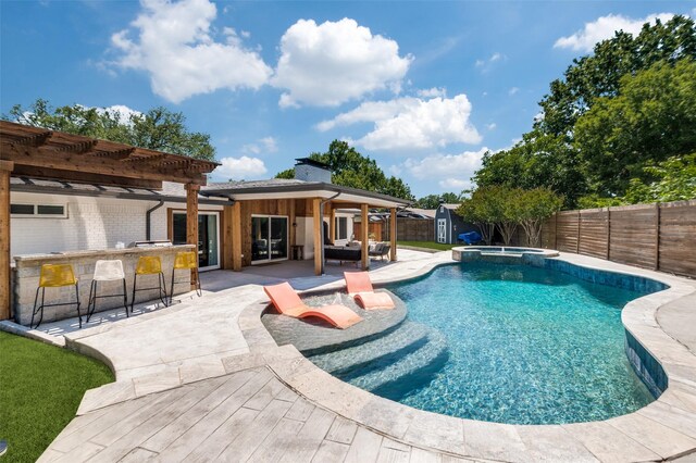 3385 Northaven Rd, Dallas, TX 75229 - view of swimming pool featuring a fenced backyard, a pergola, a pool with connected hot tub, and a patio