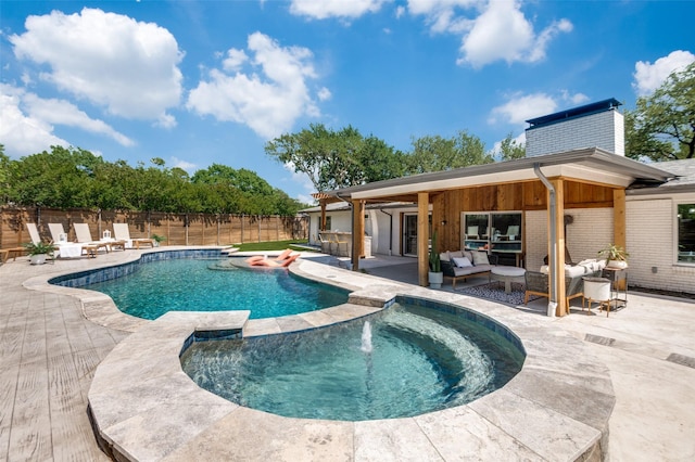 3385 Northaven Rd, Dallas, TX 75229 - view of swimming pool with a patio area, an outdoor living space, a fenced backyard, and a pool with connected hot tub