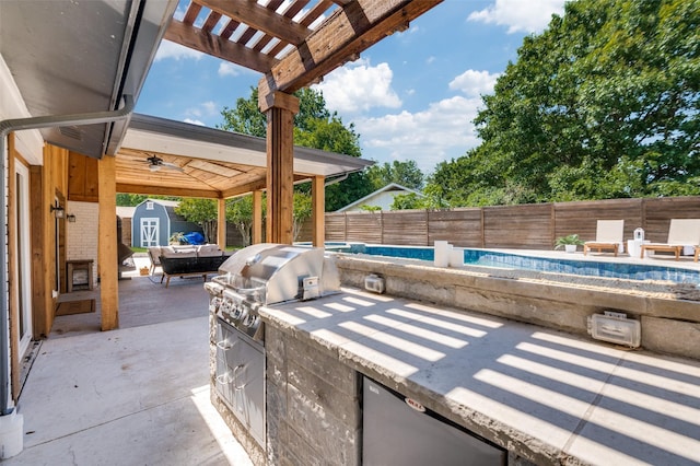 3385 Northaven Rd, Dallas, TX 75229 - fenced backyard with a patio, a pergola, and a ceiling fan