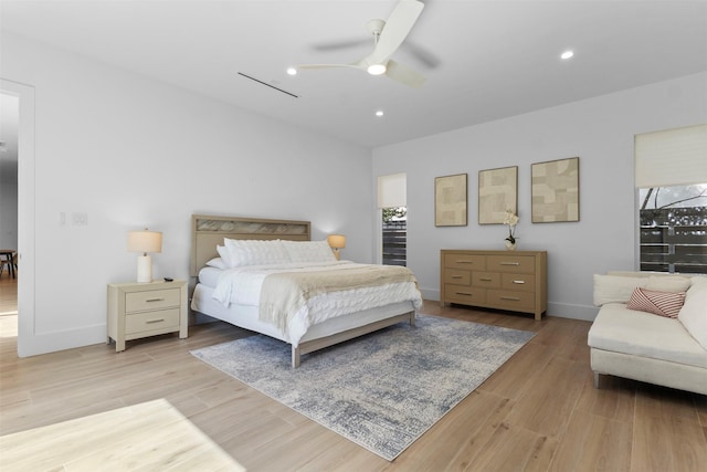 3941 Adrian Dr, Dallas, TX 75209 - bedroom with baseboards, recessed lighting, light wood-style floors, and a ceiling fan