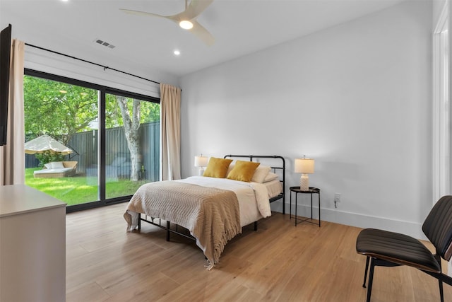 3941 Adrian Dr, Dallas, TX 75209 - bedroom featuring access to exterior, light wood finished floors, recessed lighting, ceiling fan, and baseboards