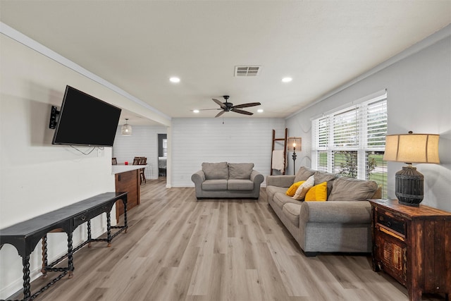 10025 Cedar Rock Pkwy, Crawford, TX 76638 - living room with light wood finished floors, ceiling fan, and recessed lighting