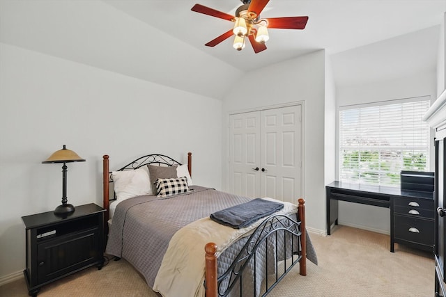 444 Avalon Ln, Coppell, TX 75019 - bedroom with light carpet, lofted ceiling, a closet, baseboards, and ceiling fan