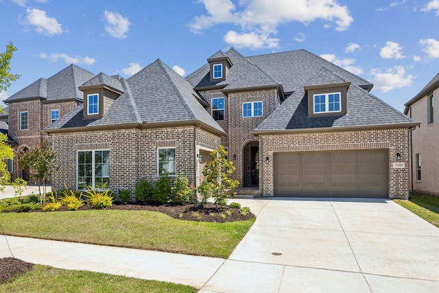 2560 Liverpool Ln, Carrollton, TX 75010 - french country style house featuring brick siding, a garage, concrete driveway, and a front lawn