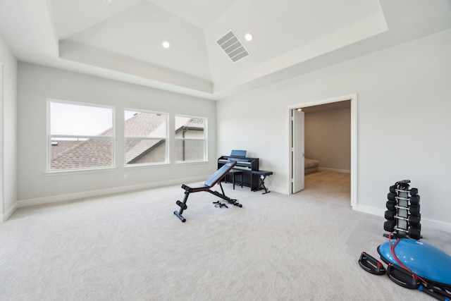2560 Liverpool Ln, Carrollton, TX 75010 - workout room with a tray ceiling, carpet flooring, baseboards, and recessed lighting
