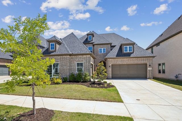2560 Liverpool Ln, Carrollton, TX 75010 - view of front of property featuring brick siding, a garage, concrete driveway, a front lawn, and roof with shingles