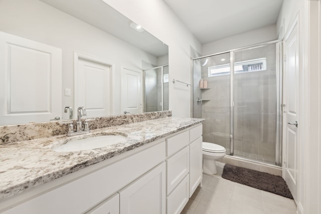 2560 Liverpool Ln, Carrollton, TX 75010 - full bathroom featuring toilet, vanity, a shower stall, and tile patterned flooring