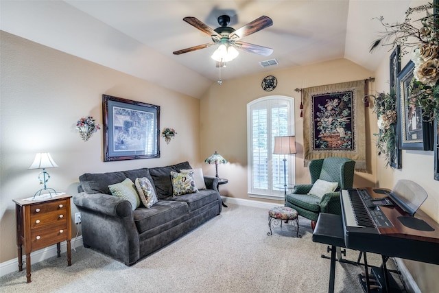 2345 Falls View Dr, Rockwall, TX 75087 - living room with vaulted ceiling, ceiling fan, carpet flooring, and baseboards