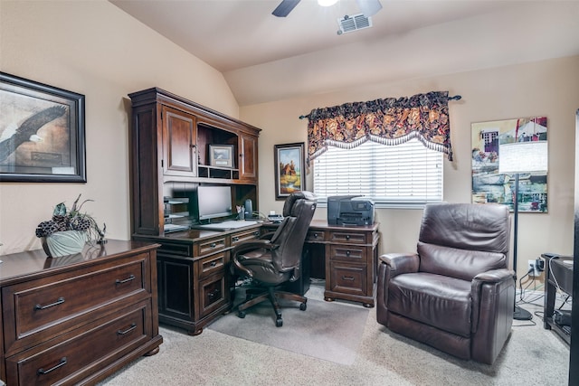 2345 Falls View Dr, Rockwall, TX 75087 - office area with light colored carpet, ceiling fan, and vaulted ceiling