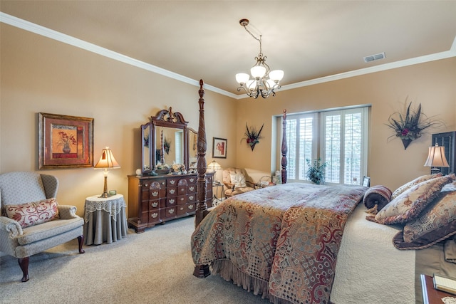 2345 Falls View Dr, Rockwall, TX 75087 - bedroom with a chandelier, ornamental molding, and carpet flooring
