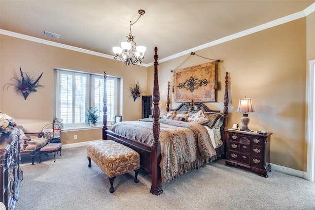2345 Falls View Dr, Rockwall, TX 75087 - bedroom featuring carpet flooring, crown molding, baseboards, and a chandelier