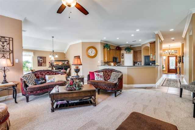 2345 Falls View Dr, Rockwall, TX 75087 - living room with a chandelier, recessed lighting, ornamental molding, baseboards, and ceiling fan