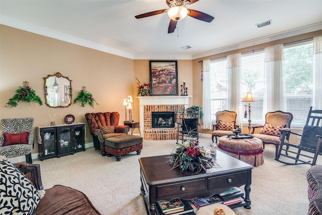 2345 Falls View Dr, Rockwall, TX 75087 - living room featuring carpet, crown molding, ceiling fan, a brick fireplace, and baseboards