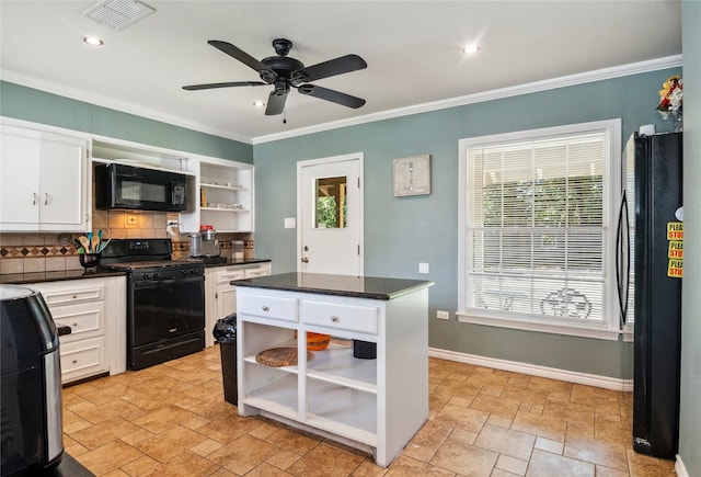 821 Columbia St, Beverly Hills, TX 76711 - kitchen with open shelves, black appliances, white cabinetry, dark countertops, and crown molding