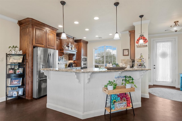 824 Lakeland Park Cir, Mart, TX 76664 - kitchen featuring appliances with stainless steel finishes, crown molding, decorative backsplash, recessed lighting, and light stone countertops