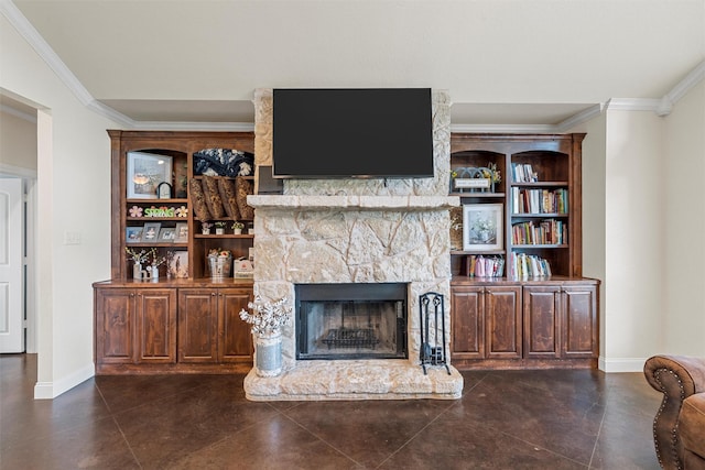824 Lakeland Park Cir, Mart, TX 76664 - living area featuring crown molding, a fireplace, and dark tile patterned flooring