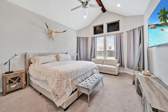 3580 Spruce Hills St, Frisco, TX 75033 - bedroom featuring light carpet, beamed ceiling, high vaulted ceiling, baseboards, and a ceiling fan