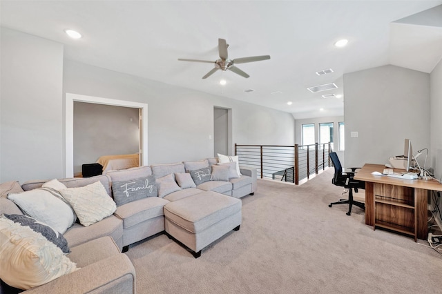 3580 Spruce Hills St, Frisco, TX 75033 - living room with an office area, a ceiling fan, light colored carpet, and recessed lighting