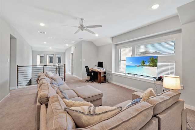 3580 Spruce Hills St, Frisco, TX 75033 - living area featuring light colored carpet, an office area, baseboards, recessed lighting, and a ceiling fan