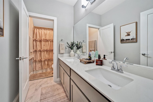 3580 Spruce Hills St, Frisco, TX 75033 - bathroom featuring marble look tile flooring, double vanity, toilet, and a shower with shower curtain