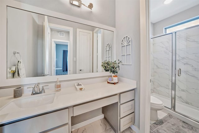 3580 Spruce Hills St, Frisco, TX 75033 - bathroom with marble look tile flooring, a marble finish shower, vanity, and toilet