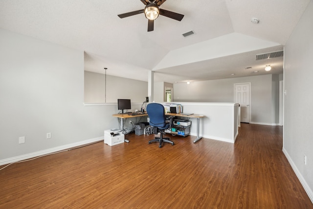 4433 Buchanan Dr, Plano, TX 75024 - office with a ceiling fan, wood finished floors, lofted ceiling, and baseboards