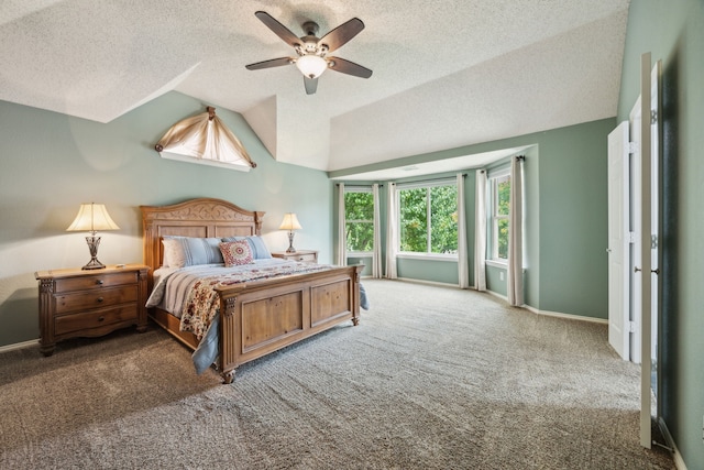 4433 Buchanan Dr, Plano, TX 75024 - carpeted bedroom with a textured ceiling, vaulted ceiling, and a ceiling fan