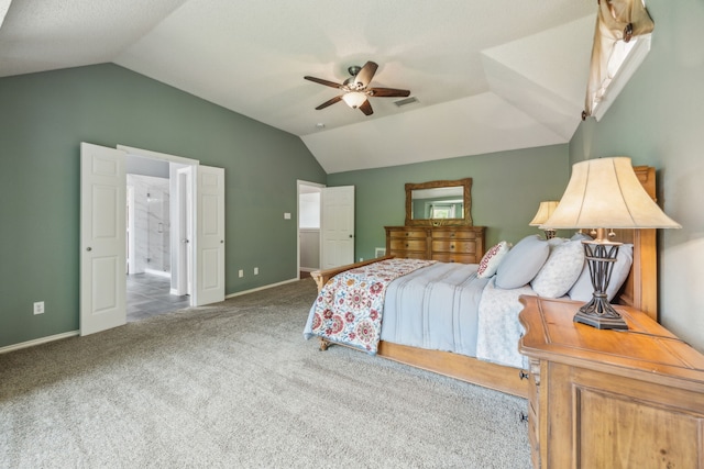 4433 Buchanan Dr, Plano, TX 75024 - bedroom with vaulted ceiling, carpet flooring, baseboards, connected bathroom, and ceiling fan