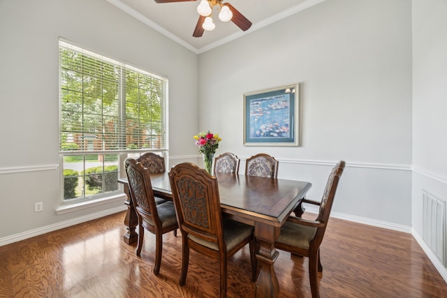 4433 Buchanan Dr, Plano, TX 75024 - dining area featuring healthy amount of natural light, wood finished floors, a ceiling fan, and crown molding