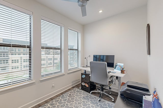 1813 Park Ave Unit 204, Dallas, TX 75215 - office area with wood finished floors, a ceiling fan, and baseboards