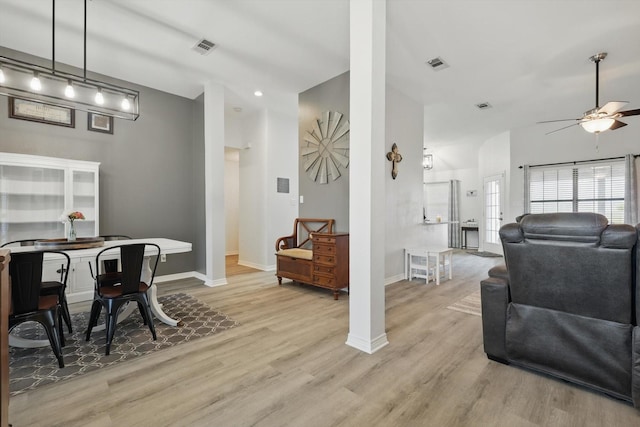 205 N Armstrong Rd, Venus, TX 76084 - living room with light wood-style floors, ceiling fan, baseboards, and recessed lighting