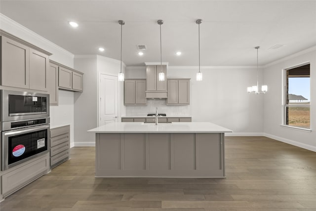 6013 Valley View Dr, Joshua, TX 76058 - kitchen featuring stainless steel oven, gray cabinetry, built in microwave, backsplash, and baseboards