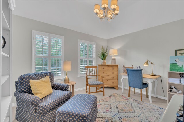 3712 Stockport Dr, Plano, TX 75025 - home office with carpet flooring, baseboards, and a chandelier
