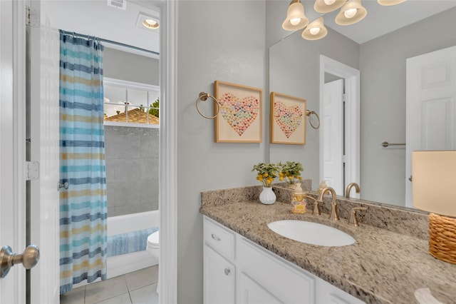 3712 Stockport Dr, Plano, TX 75025 - bathroom featuring vanity, toilet, tile patterned flooring, and shower / tub combo with curtain