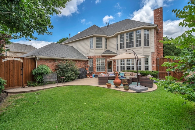 3712 Stockport Dr, Plano, TX 75025 - rear view of house featuring an outdoor hangout area, a gate, a chimney, a patio, and brick siding