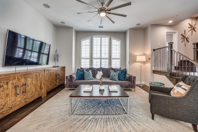 731 Spanish Oaks Pl, Dallas, TX 75204 - living room featuring a ceiling fan, wood finished floors, stairway, and recessed lighting