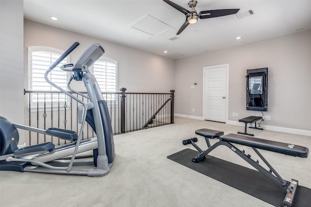 731 Spanish Oaks Pl, Dallas, TX 75204 - exercise area featuring carpet flooring, attic access, recessed lighting, a ceiling fan, and baseboards
