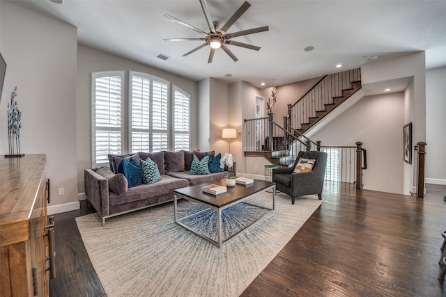 731 Spanish Oaks Pl, Dallas, TX 75204 - living area featuring ceiling fan, wood finished floors, baseboards, recessed lighting, and stairs