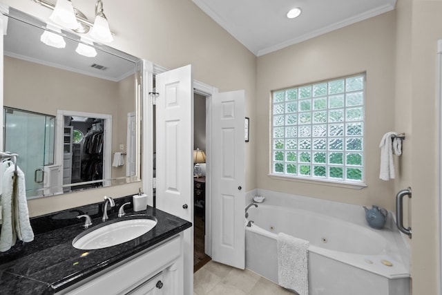 704 Longford Dr, Southlake, TX 76092 - bathroom with ornamental molding, a whirlpool tub, vanity, a spacious closet, and a shower stall