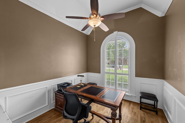 704 Longford Dr, Southlake, TX 76092 - home office featuring crown molding, a wainscoted wall, ceiling fan, wood finished floors, and a decorative wall