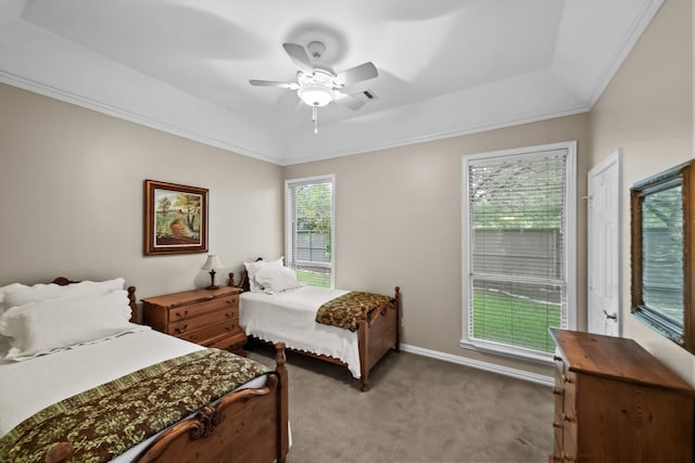 704 Longford Dr, Southlake, TX 76092 - carpeted bedroom with a tray ceiling, crown molding, ceiling fan, and baseboards