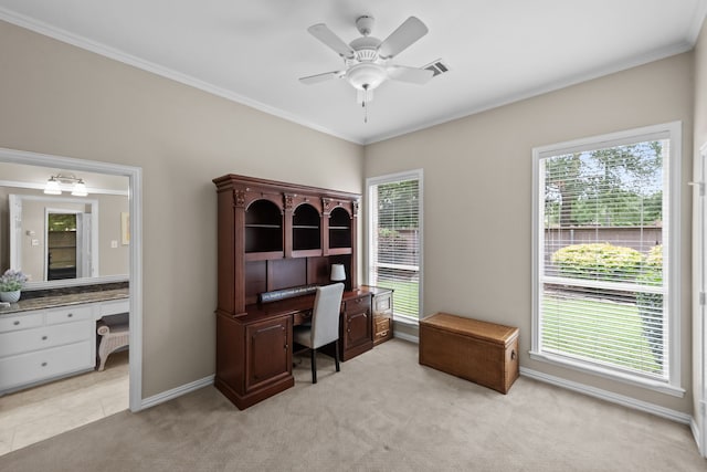 704 Longford Dr, Southlake, TX 76092 - office area with light carpet, ornamental molding, baseboards, a ceiling fan, and built in desk