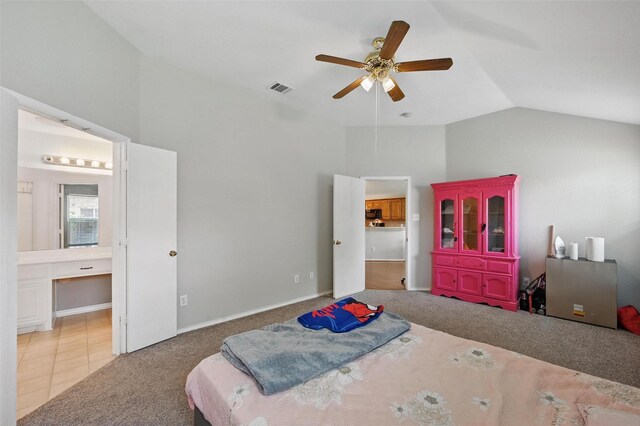 10700 Irish Glen Trl, Haslet, TX 76052 - bedroom featuring high vaulted ceiling, carpet, ensuite bath, and a ceiling fan