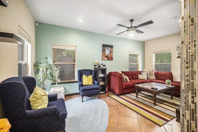 5716 Wall Ave, Haltom City, TX 76117 - living room featuring ceiling fan, tile patterned flooring, and recessed lighting