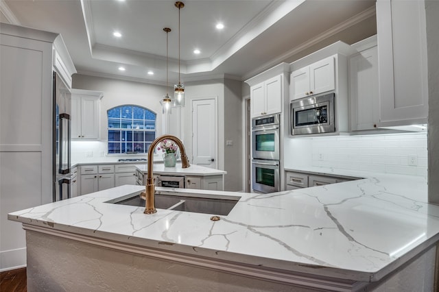5932 Royal Palm Dr, Plano, TX 75093 - kitchen featuring stainless steel appliances, a kitchen island, recessed lighting, a tray ceiling, and tasteful backsplash