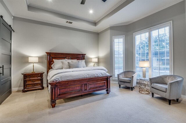5932 Royal Palm Dr, Plano, TX 75093 - bedroom featuring light colored carpet, multiple windows, a barn door, ornamental molding, and baseboards