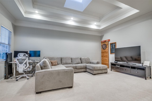 5932 Royal Palm Dr, Plano, TX 75093 - living room featuring carpet floors, ornamental molding, a raised ceiling, an office area, and a skylight