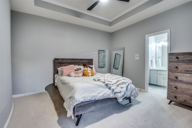 5932 Royal Palm Dr, Plano, TX 75093 - bedroom featuring light carpet, ornamental molding, baseboards, ensuite bath, and a ceiling fan
