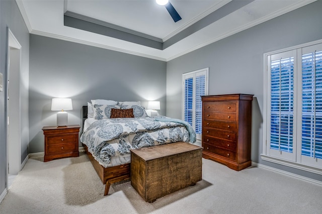 5932 Royal Palm Dr, Plano, TX 75093 - bedroom featuring carpet, a raised ceiling, baseboards, a ceiling fan, and crown molding