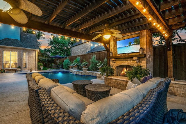 5932 Royal Palm Dr, Plano, TX 75093 - view of swimming pool with a fenced backyard, a patio, a ceiling fan, a pergola, and an outdoor living space with a fireplace